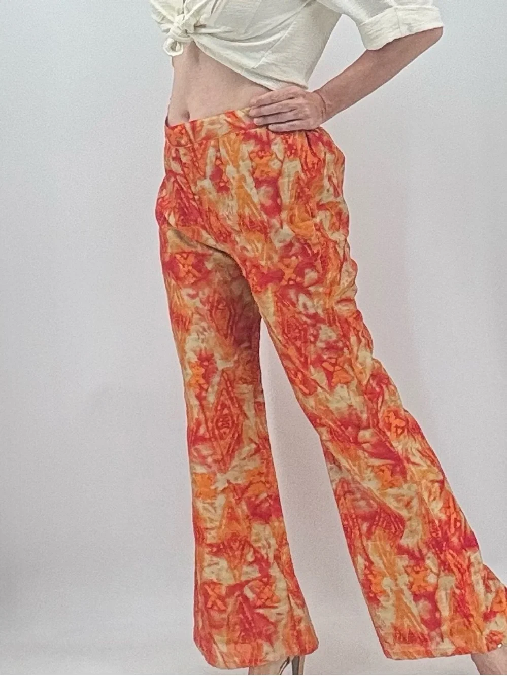 Vintage 70s Abstract Print Disco Groovy Boho High Rise Wide Leg Flare Pants - Picture 4 of 16
